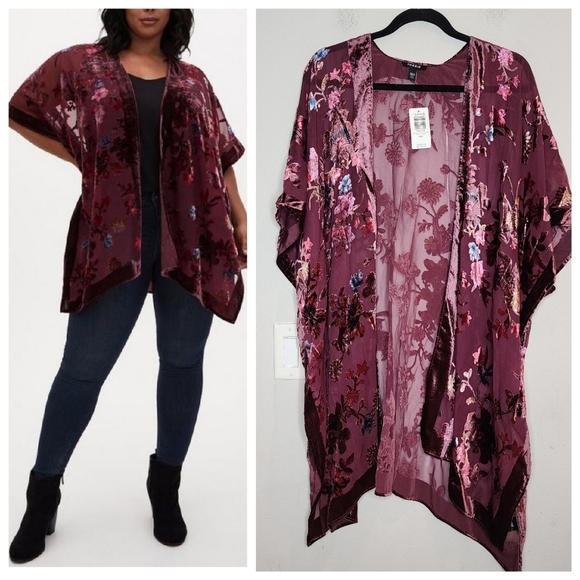 NWT Torrid Burnout Velvet Kimono Burgundy Floral size 00/0 M/L - Picture 1 of 16